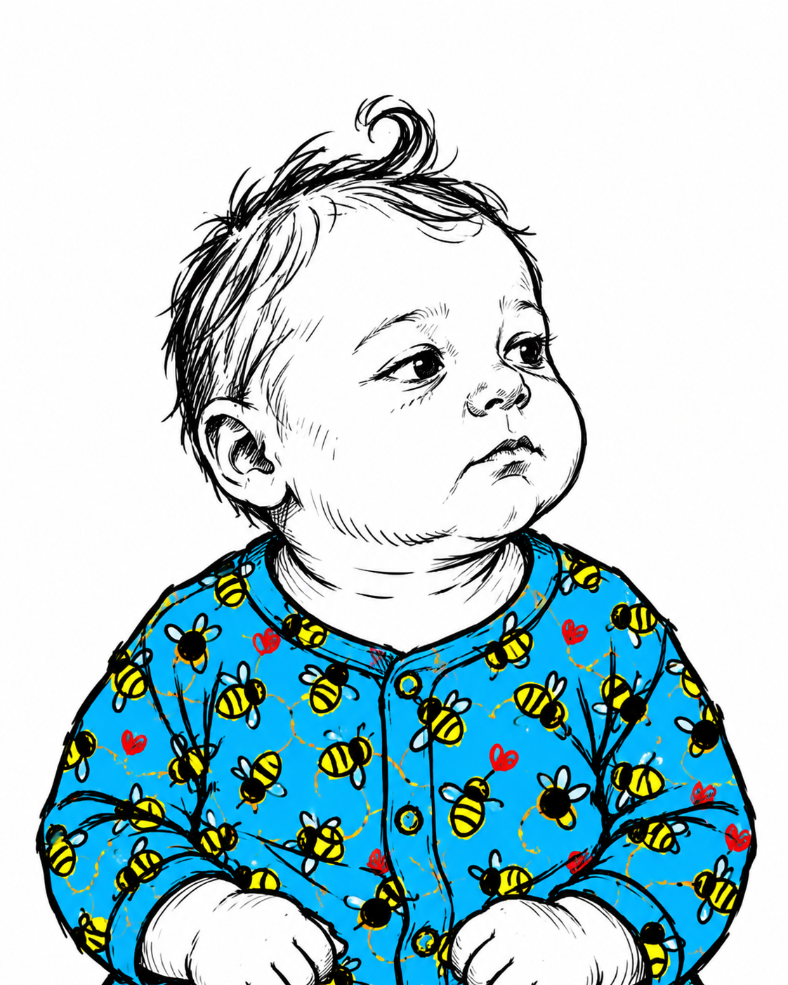 An ordinary human baby with a curl of hair and a blue bee-print outfit