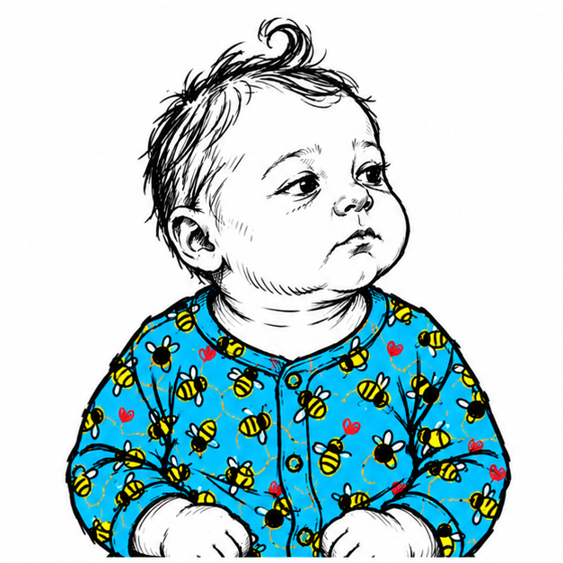baby in a blue bee-print onesie, staring without enthusiasm