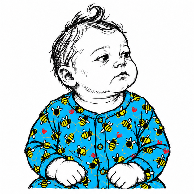 baby sitting quietly in a blue bee-print onesie