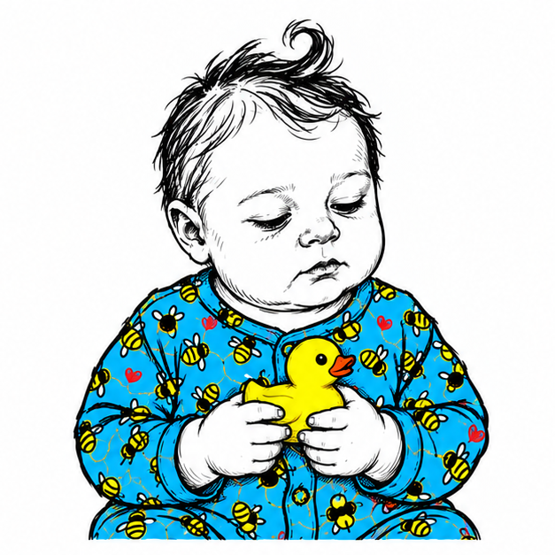 baby looking down at a yellow rubber duck