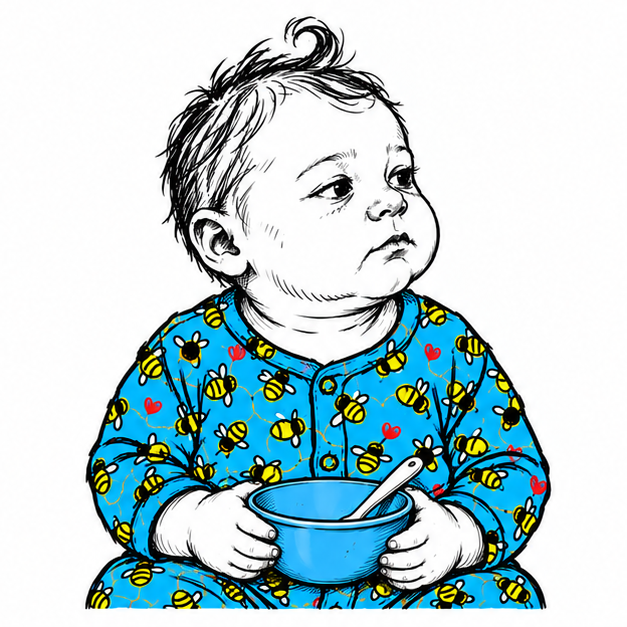 baby holding an empty blue bowl and spoon, looking unimpressed