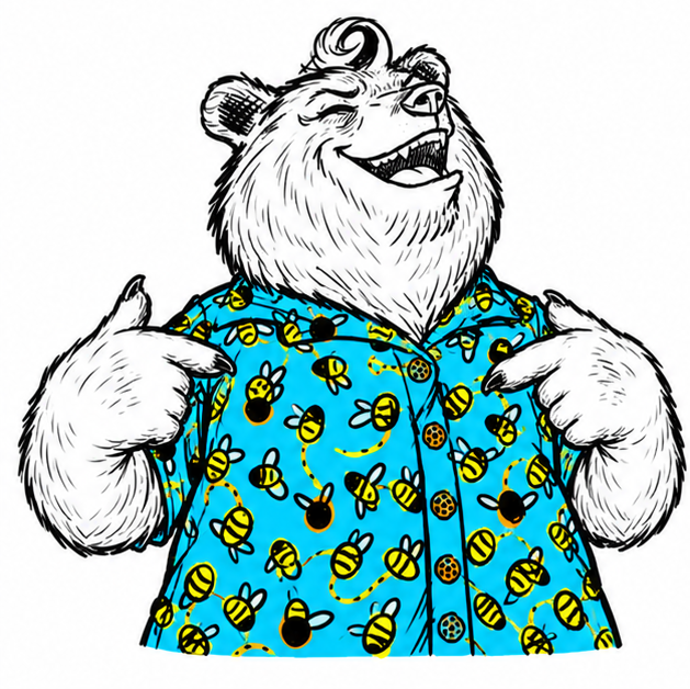 Quarterly Growth Bear vinyl sticker: Swindy congratulating themself in a blue bee shirt