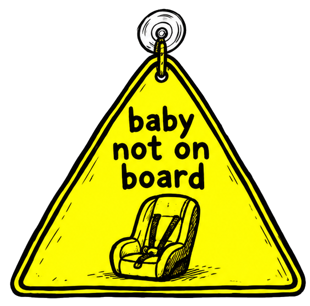 Yellow triangular hanging sign reading “baby not on board”, with an empty child-seat doodle.