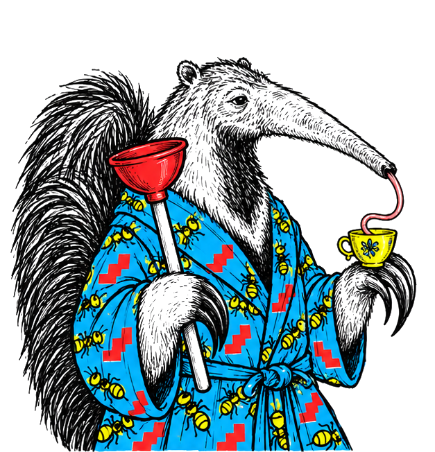 Giant anteater monarch with a plunger scepter and a teacup held by its tongue