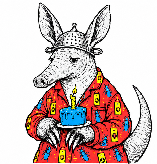 Aardvark in a patterned red suit and colander crown, solemnly presenting a tiny cake