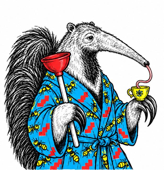 Giant anteater monarch with a plunger scepter and a teacup held by its tongue