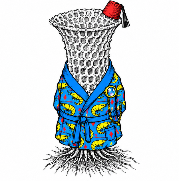 Venus flower basket glass sponge in a blue smoking jacket and red fez